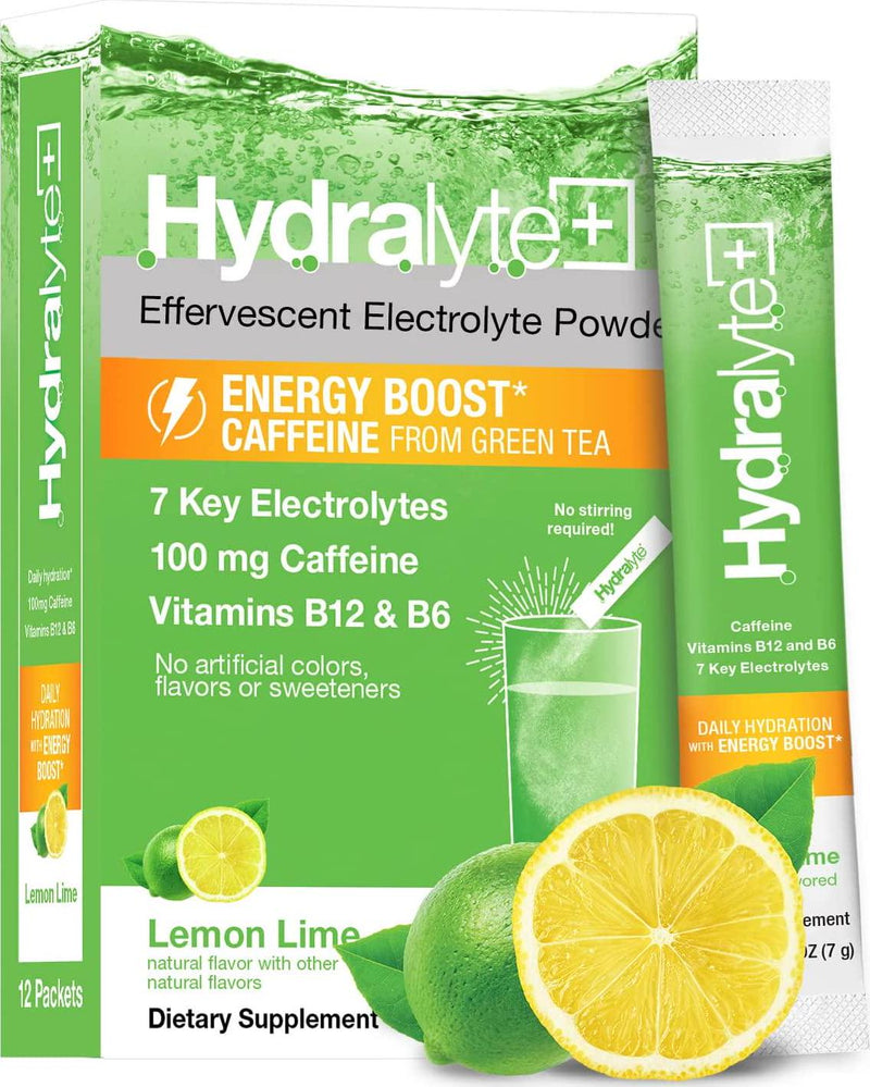 Hydralyte Energy Powder- Lemon Lime Electrolyte Powder Packets | Natural Caffeine Powder with Green Tea Extract | Energy Drink Powder for Sports Performance and Recovery - (8oz Serving, 12 Count)