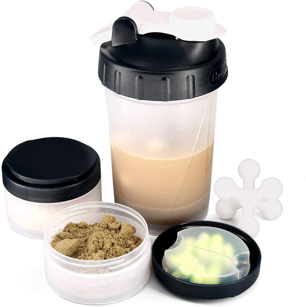 Hydro2Go 16 oz Shaker Bottle with Protein Storage Jars and Pill Tray (Black)