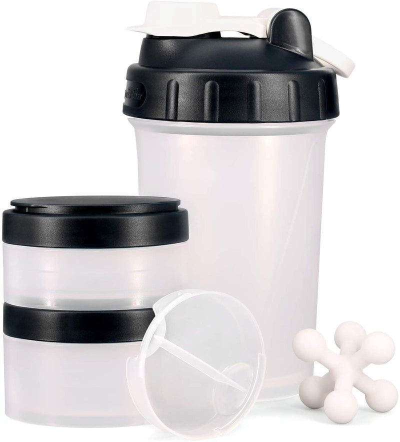 Hydro2Go 16 oz Shaker Bottle with Protein Storage Jars and Pill Tray (Black)