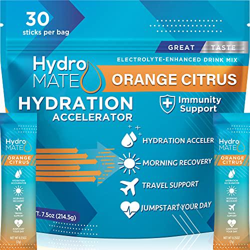 HydroMATE Electrolyte Powder Drink Mix Packets Hydration Accelerator Low Sugar Single Hangover Party Recovery Vitamin C Orange 30 Sticks