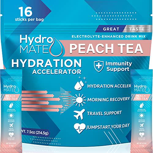 HydroMATE Electrolyte Powder Drink Mix Fruit Punch and Peach Tea Bundle Hangover Party Recovery + Vitamin C ( 32 Sticks )