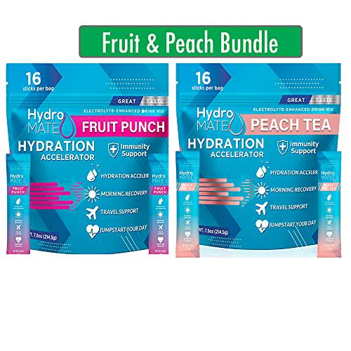 HydroMATE Electrolyte Powder Drink Mix Fruit Punch and Peach Tea Bundle Hangover Party Recovery + Vitamin C ( 32 Sticks )