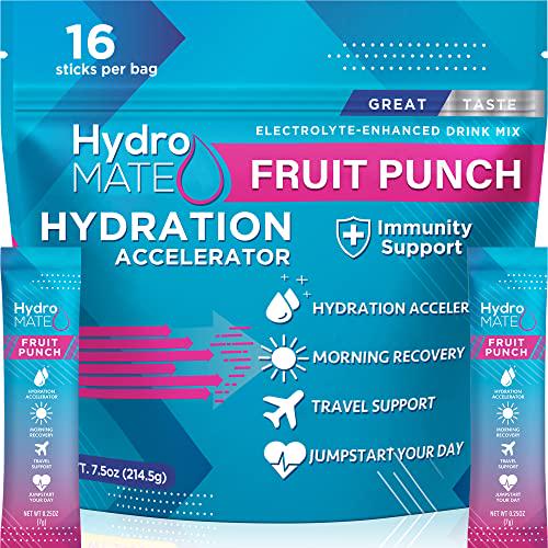 HydroMATE Electrolyte Powder Drink Mix Fruit Punch and Peach Tea Bundle Hangover Party Recovery + Vitamin C ( 32 Sticks )