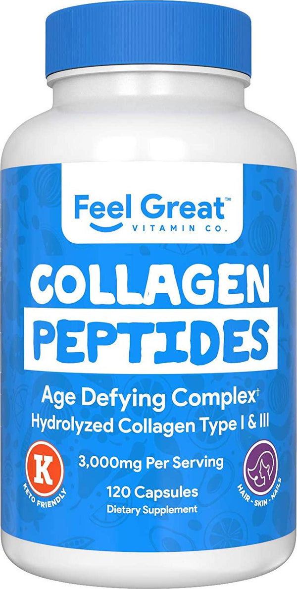Hydrolyzed Collagen Peptides Powder Capsules (Type I &III) by Feel Great 365 | Unflavored Collagen Protein | Wheat Free, Keto and Paleo Friendly | Best Collagen Powder Supplement for Hair, Skin and Gut