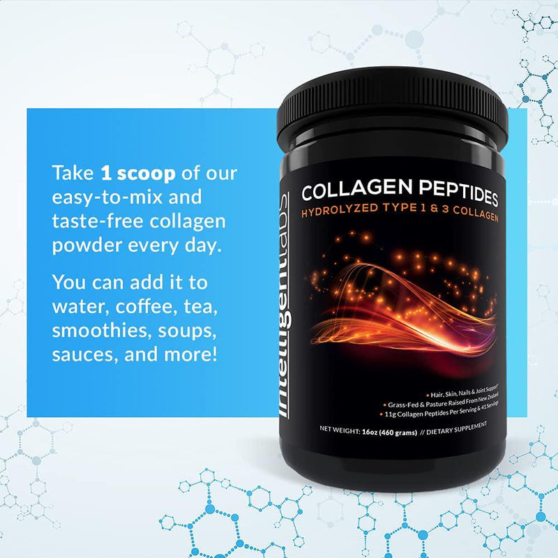 Hydrolyzed Type 1 and 3 Collagen Peptides Powder by Intelligent Labs, 100% Cruelty-Free and Grass-Fed Bovine, Supports Healthy Hair, Skin, Nails and Joints, 11g per Serving, 41 Servings a Bottle