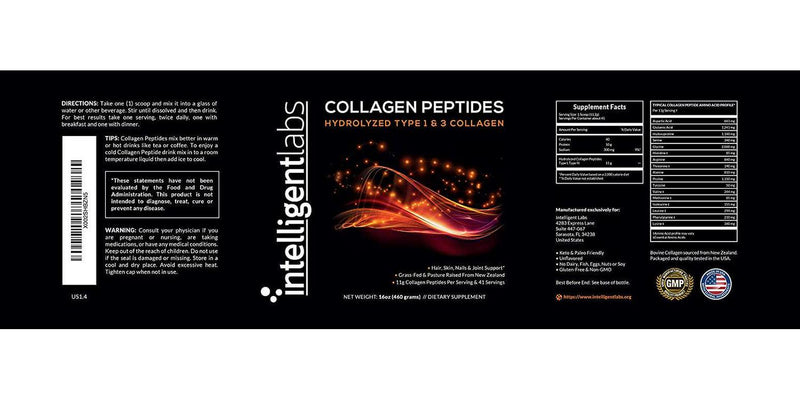 Hydrolyzed Type 1 and 3 Collagen Peptides Powder by Intelligent Labs, 100% Cruelty-Free and Grass-Fed Bovine, Supports Healthy Hair, Skin, Nails and Joints, 11g per Serving, 41 Servings a Bottle