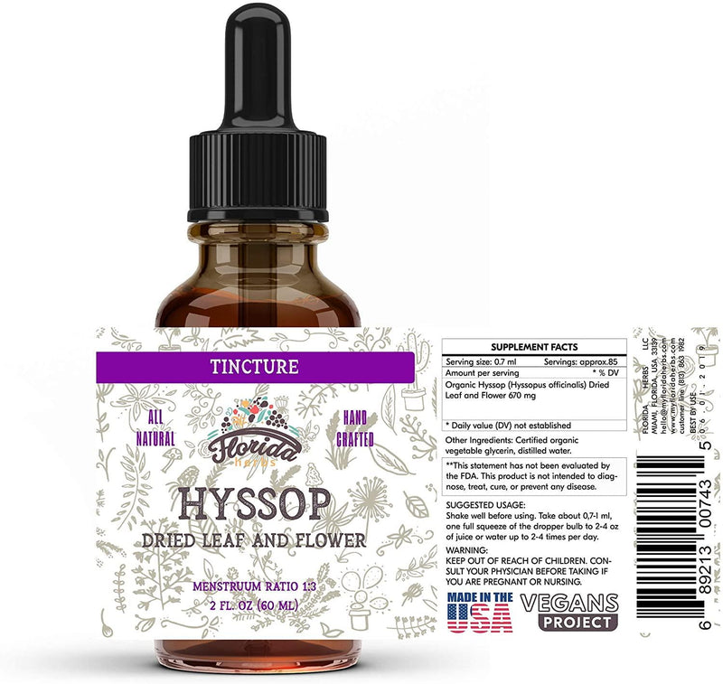 Hyssop Tincture, Organic Hyssop Extract (Hyssopus officinalis) Dried Leaf and Flowers Herbal Supplement, Non-GMO in Cold-Pressed Organic Vegetable Glycerin, 700 mg, 2 oz (60 ml)