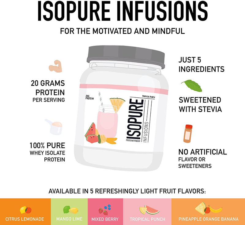 ISOPURE INFUSIONS, Refreshingly Light Fruit Flavored Whey Protein Isolate Powder, Shake Vigorously and Infuses in a Minute , Mixed Berry, 16 Servings