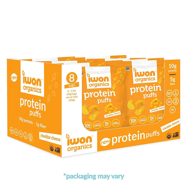 IWON Organics Cheddar Cheese Flavor Protein Puff, High Protein and Organic Healthy Snacks, 8 Bags