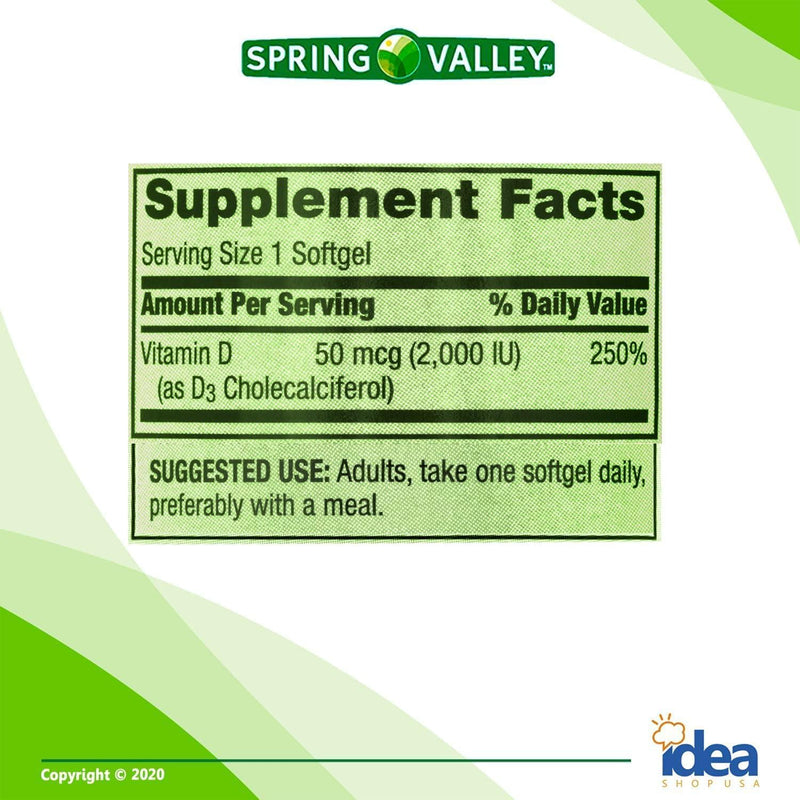 Idea Shop USA Spring Valley Vitamin D3 Supplement, 50 mcg (2,000 IU), 200 Count + Vitamins and Minerals - A to Z - Better Idea Guide(1 Pack 200 Count) 1 Pack - 200 Softgels
