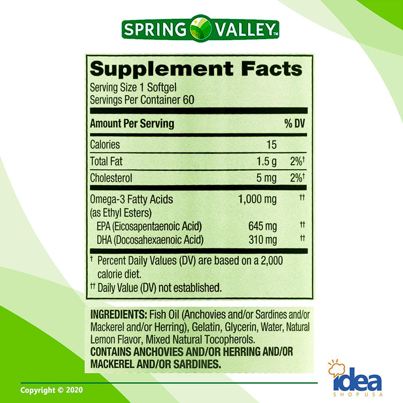 Idea Shop USA Spring Valley Proactive Support Omega-3 from Fish Oil Dietary Supplement, 1000 mg, 60 Count + Vitamins and Minerals - A to Z - Better Idea Guide (1 Pack 60 Count), 1 Pack - 60 Softgels