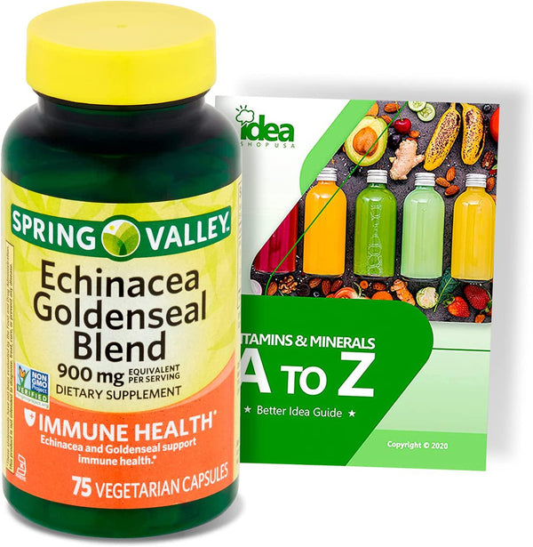 Idea Shop USA Spring Valley Echinacea Goldenseal Blend Dietary Supplement, 900 mg, 75 Count + Vitamins and Minerals - A to Z - Better Idea Guide (1 Pack 75 Count), 1 Pack - 75 Vegetarian Capsules