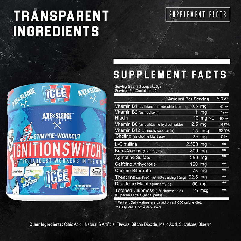 Ignition Switch Pre-Workout with CarnoSyn, TeaCrine, Infinergy, and AgmaMax, Long Lasting Energy, Laser Focus, Increased Pumps, Enhanced Performance, 40 Servings, ICEE Blue Raspberry