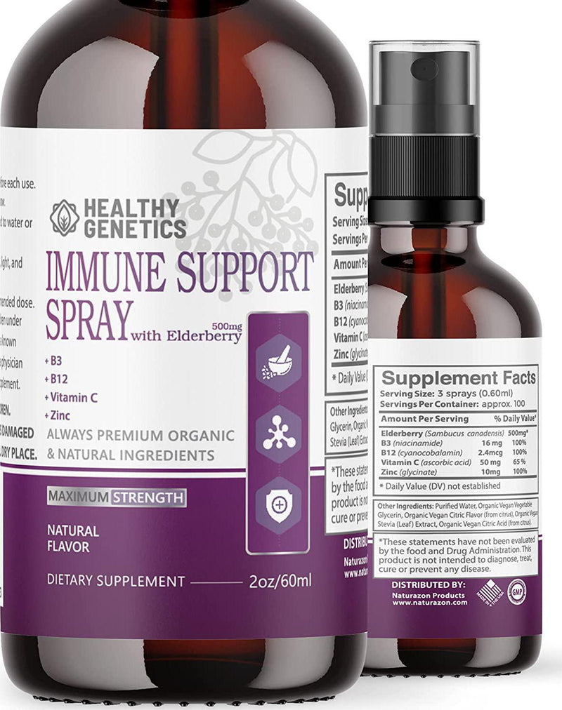 Immune Support Spray; 500mg Liquid Elderberry Immunity Boost Defense for Kids and Adults B3, B12, Vitamin C, Zinc Fast Absorbing Liquid Spray Supplement Supports Healthy Immune System