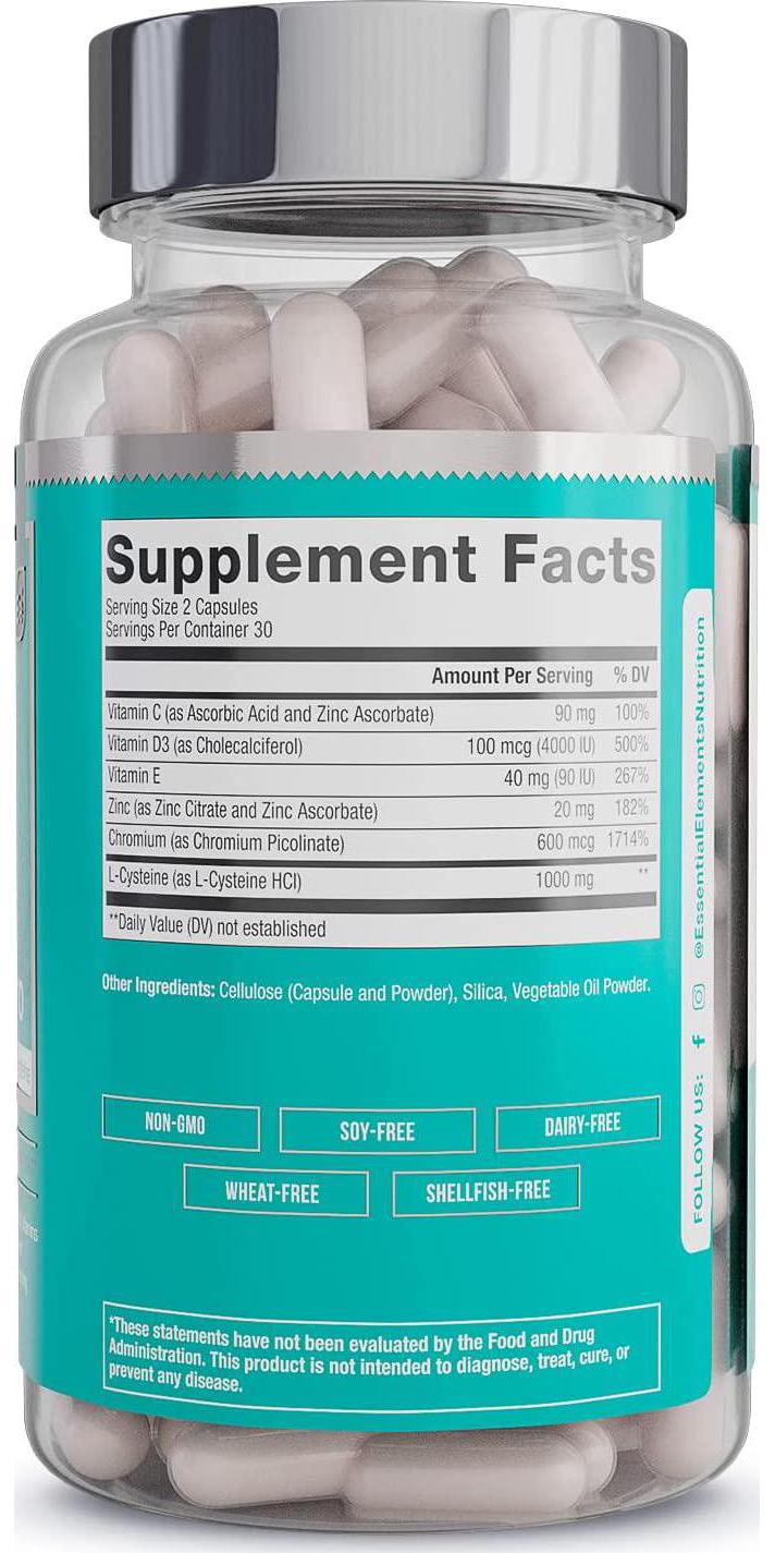 Immune Support Supplement - with Vitamin C, Zinc, L-Cysteine, Chromium and More | Multi-System Immunity Booster | Immune Hero by Essential Elements - 60 Veggie Capsules