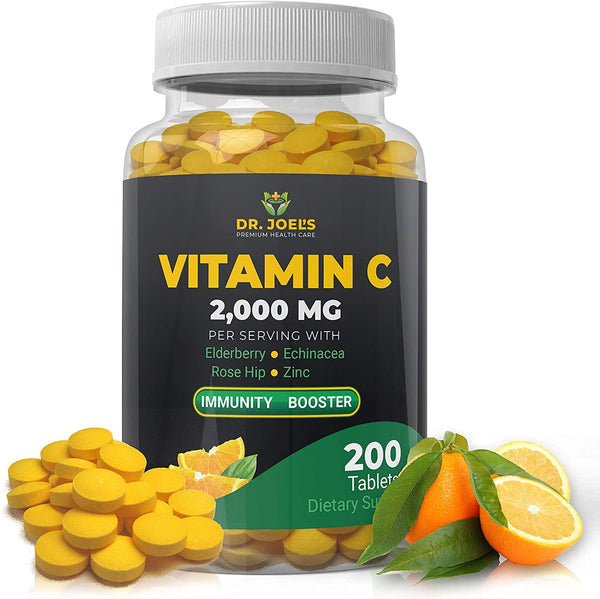 Immune Support Vitamin C 2000 mg - 200 Tablets - with Zinc, Elderberry, Rose Hip, Echinacea - Boosts Immune System- Made in USA