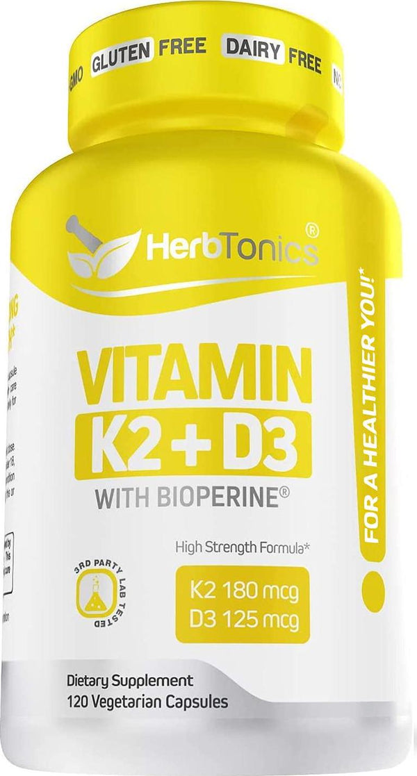 Immune System Support Vitamin K2 (MK7) with D3 5000 IU (k2+d3) Supplement with Bioperine (Black Pepper) 120 Vegetarian Capsules, Strong Bones and Heart Health -k2 d3 Complex- Tiny Easy to Swallow