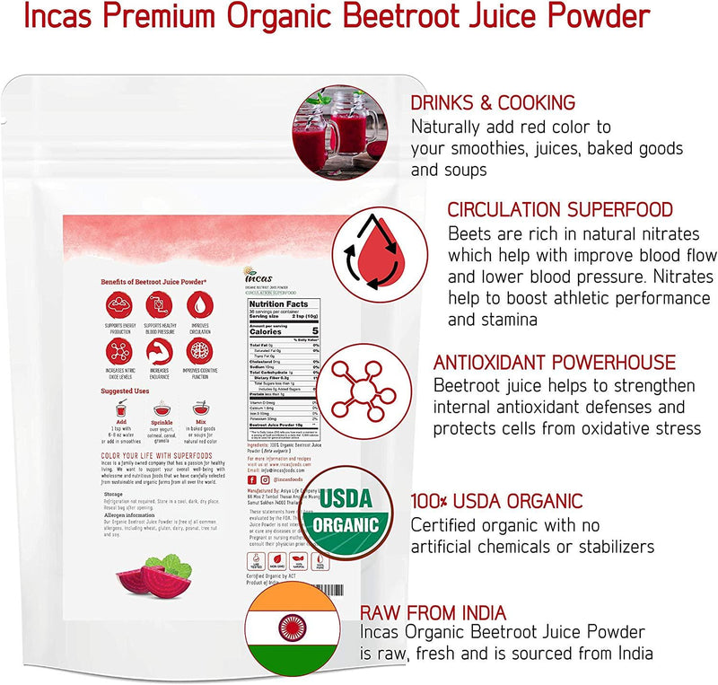 Incas 100% USDA Organic Certified Beetroot Juice Powder 12.7 Ounce | 1 Serving = 1 Fresh Beets | Beet Powder Superfood Supplement for Circulation Pure Energy