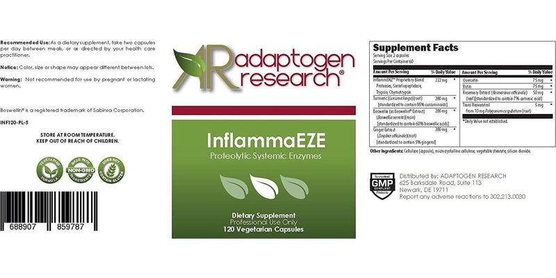 InflammaEZE | Anti Inflammatory Blend of Herbs, Nutrients and Proteolytic Enzymes | Curcumin + Boswellia + Ginger + Quercetin + Rutin + Rosemary | 120 Vegetarian Capsules