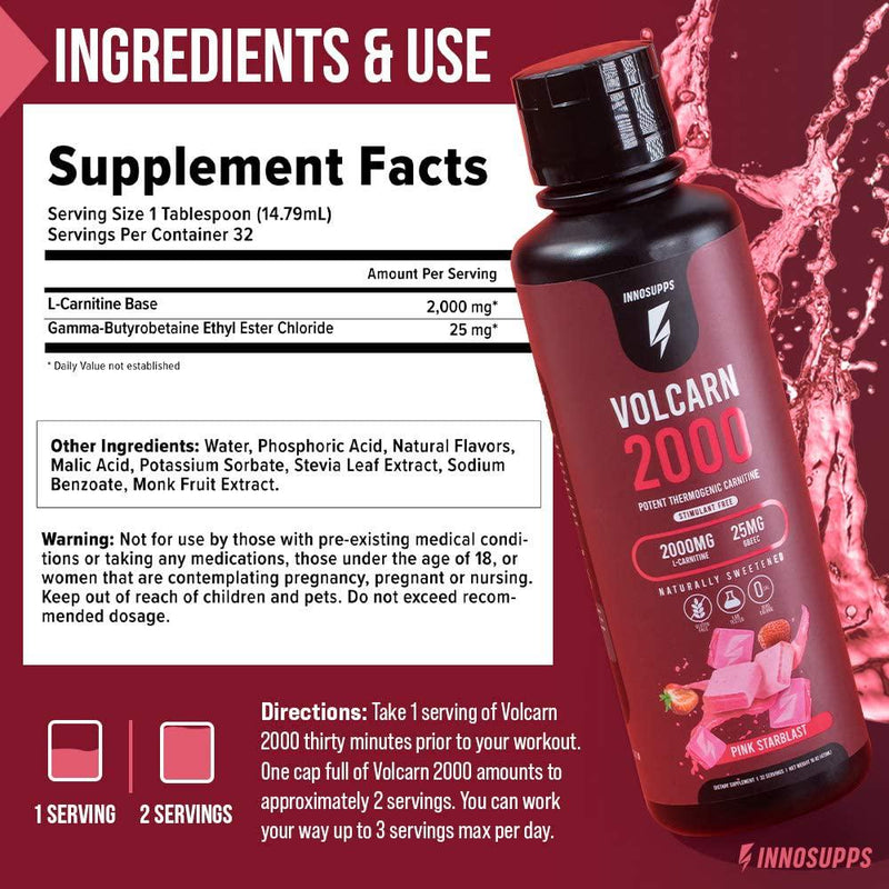 InnoSupps Volcarn 2000 - Liquid L-Carnitine, Boost Energy, Caffeine Free, No Artificial Sweeteners, 32 Servings (Tropical Blast)