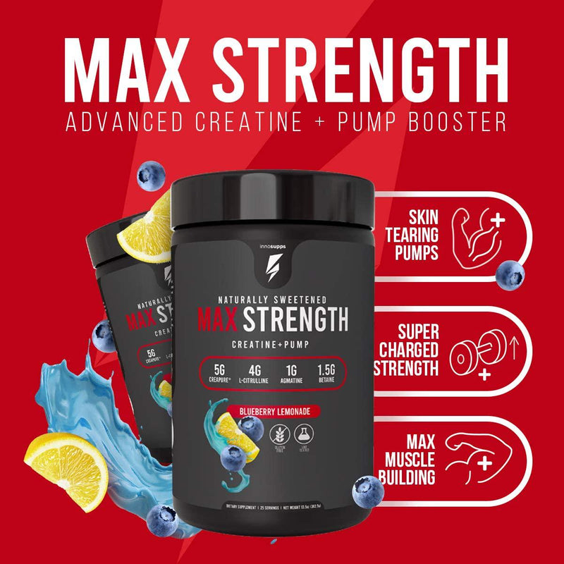 Inno Supps Max Strength - Advanced Creatine + Pump Booster, Creapure 5g, HMB 500mg, L-Citruline 4g, No Artificial Sweeteners, Keto Friendly, Vegan, Non-GMO, Gluten Free, Soy Free (Blueberry Lemonade)