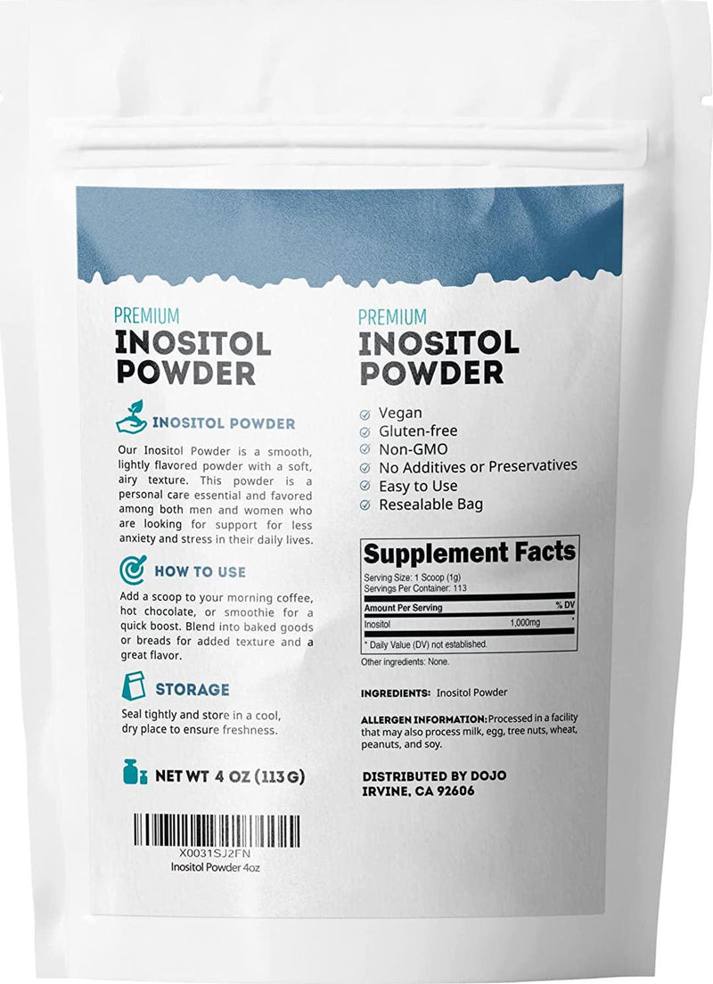 Inositol Powder 4oz by Kate Naturals. Gluten-Free and Non-GMO. Vegetarian-Friendly Powdered Inositol in Resealable Bottle.