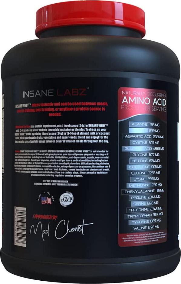 Insane Labz Insane Whey,100% Muscle Building Whey Isolate Protein, Post Workout, BCAA Amino Profile, Mass Gainer, Meal Replacement, 5lbs, 60 Srvgs, (Vanilla)