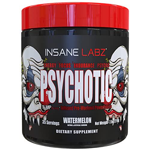 Insane Labz Psychotic, High Stimulant Pre Workout Powder, Extreme Lasting Energy, Focus and Endurance with Beta Alanine, Creatine Monohydrate DMAE, 35 Srvgs (Watermelon)