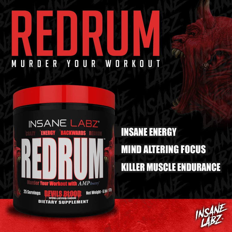 Insane Labz Redrum High Stim Pre Workout NO Booster Powder, Loaded with Beta Alanine Agmatine Sulfate Taurine Fueled by AMPiberry, OXYgold,Focus Strength Recovery,25 Srvgs Devil&