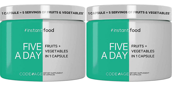 InstantFood Five a Day, 5 Fruits and Veggies Equivalent Servings in 1 Single Capsule, Whole Food Non-GMO, 15 Greens and Fruits All-In-One Pill, Eat Vegetables For Wellness Vegan Vitamins Supplement, 60 ct