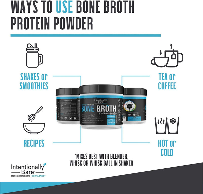 Intentionally Bare Bone Broth Protein Powder 20 Grams Protein - Collagen Types 1, 2 and 3 - Grass-Fed, Pasture Raised Cows - Dairy Free Unflavored - 20 Servings