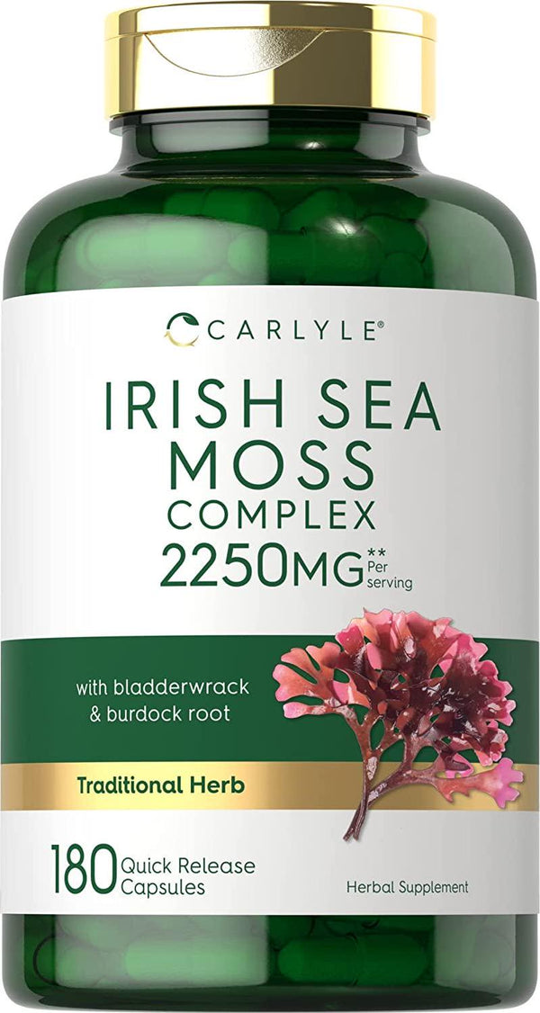 Irish Sea Moss Capsules 2250mg | 180 Count | Complex Formula with Bladderwrack and Burdock Root | Non-GMO and Gluten Free | by Carlyle