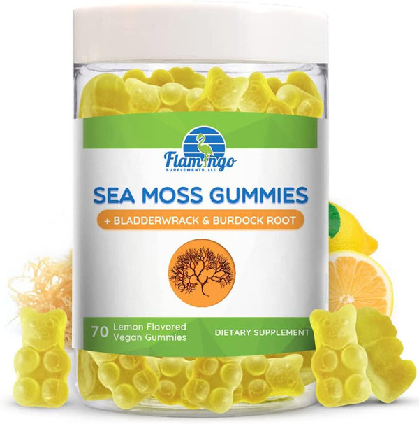 Irish Sea Moss Gummies Plus Organic Bladderwrack and Burdock Root. Vegan, Non- GMO, Wild Harvested Sea Moss Supplement. 70 Lemon Gummies
