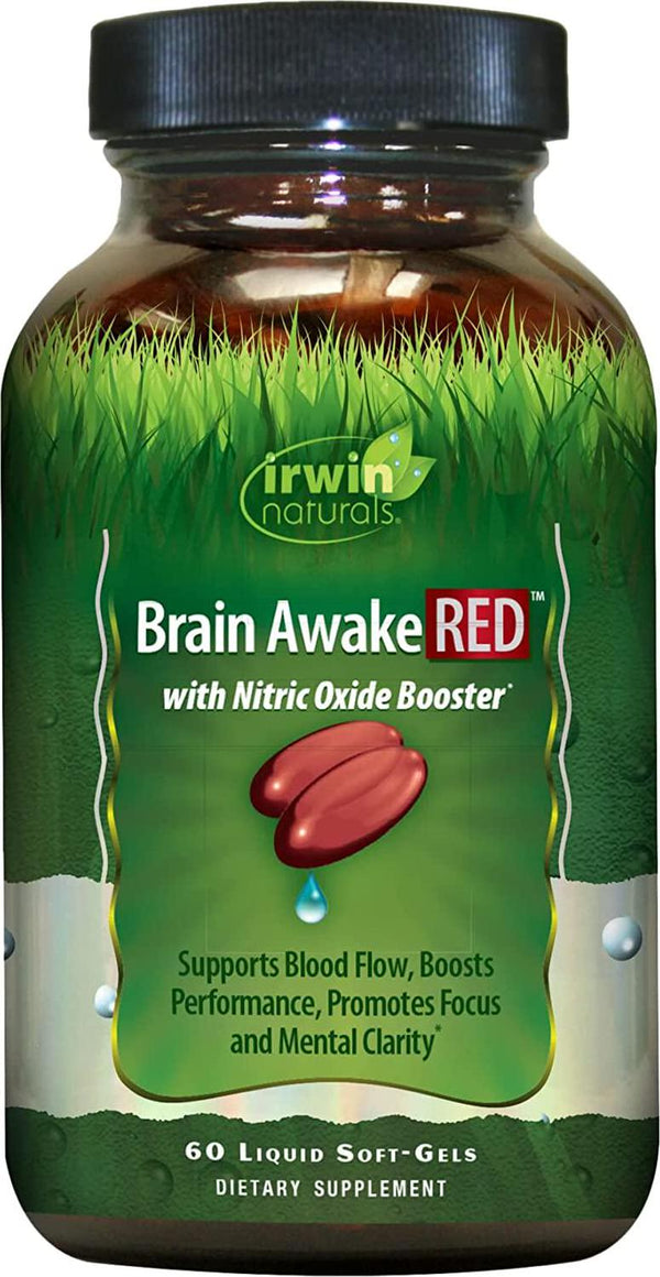 Irwin Naturals Brain Awake Red + Nitric Oxide Boosters Enhanced Performance, Focus and Mental Clarity - Nootropic with L-Citrulline, Ginkgo - 60 Liquid Softgels