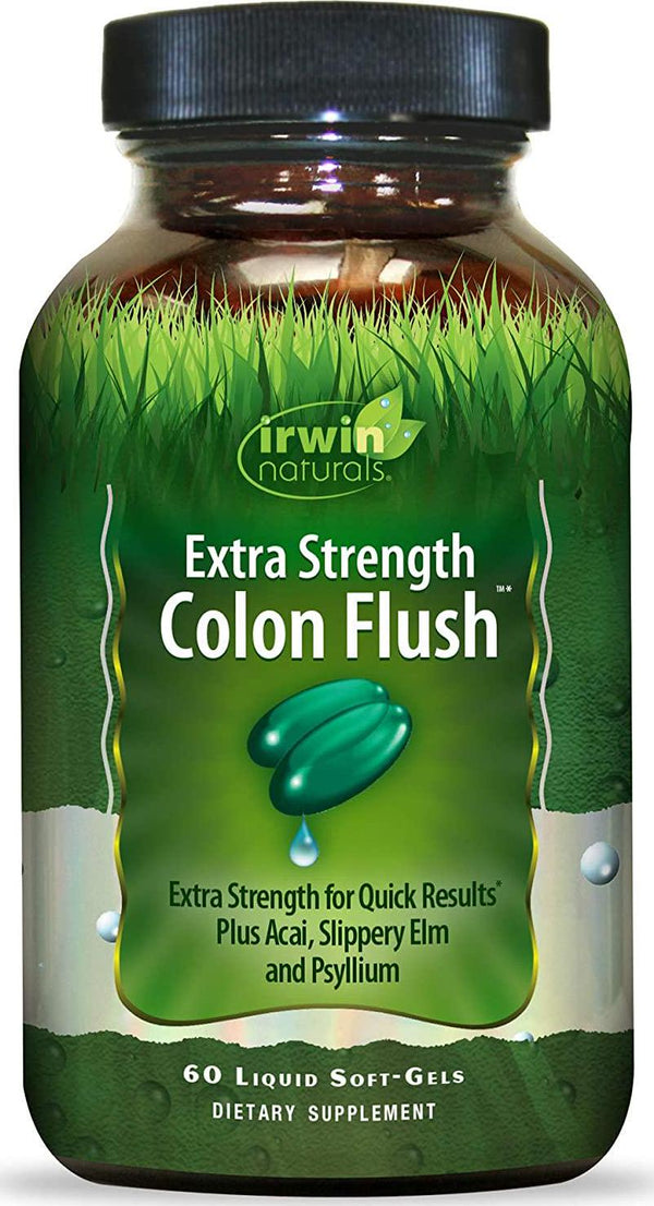 Irwin Naturals Extra Strength Colon Flush Quick and Powerful Digestive + Constipation Support Supplement with Psyllium, Acai, Triphala + Soothing Botanicals - 60 Liquid Softgels