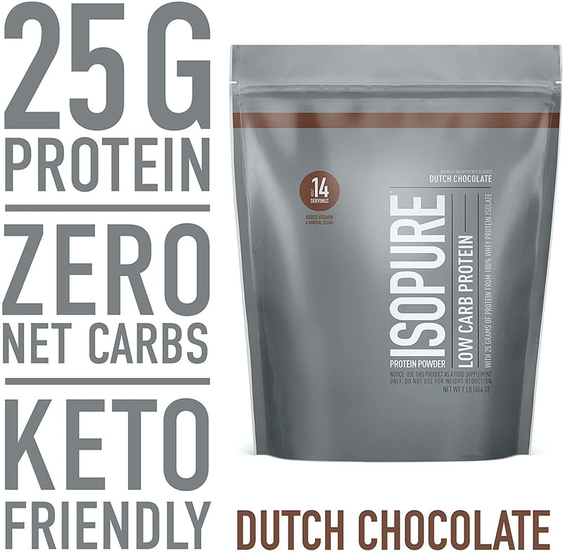 Isopure Low Carb Protein Powder, 100% Whey Protein Isolate, Flavor: Dutch Chocolate, 1 Pound (Packaging May Vary)
