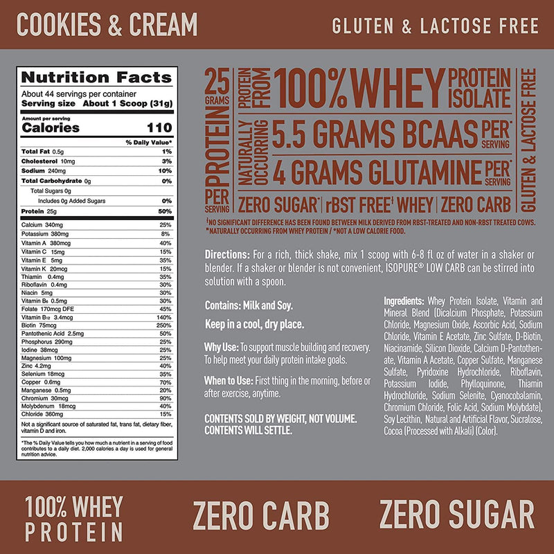 Isopure Zero Carb Protein Powder, 100% Whey Protein Isolate, Flavor: Cookies and Cream, 3 Pounds (Packaging May Vary)