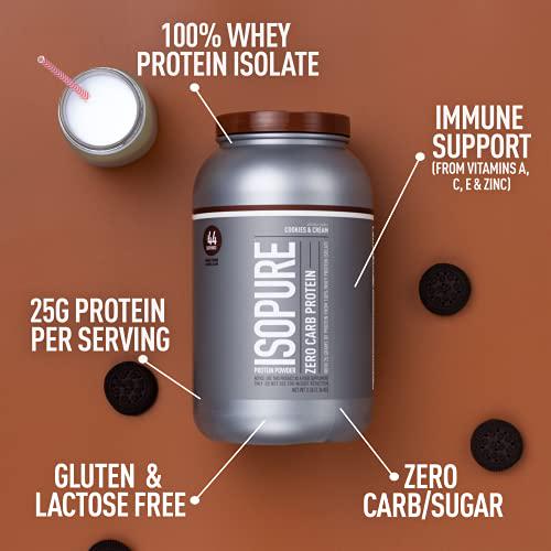 Isopure Zero Carb, Vitamin C and Zinc for Immune Support, 25g Protein, Keto Friendly Protein Powder, 100% Whey Protein Isolate, Flavor: Cookies and Cream, 3 Pounds (Packaging May Vary)