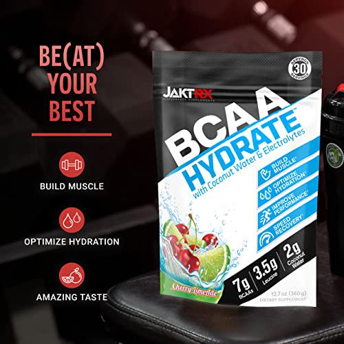 JaktRX BCAA Hydrate Premium Branched Chain Amino Acids and Hydration Formula 7g BCAAs, 2:1:1 Ratio, 3.5g Leucine, 2g Coconut Water, Caffeine-Free, Electrolytes 30 Servings (360g) Cherry Limeade