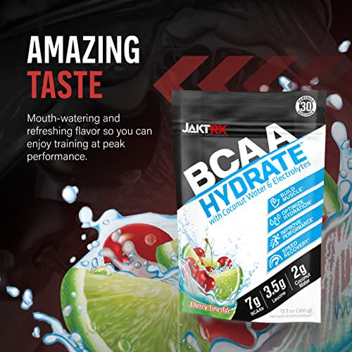 JaktRX BCAA Hydrate Premium Branched Chain Amino Acids and Hydration Formula 7g BCAAs, 2:1:1 Ratio, 3.5g Leucine, 2g Coconut Water, Caffeine-Free, Electrolytes 30 Servings (360g) Cherry Limeade