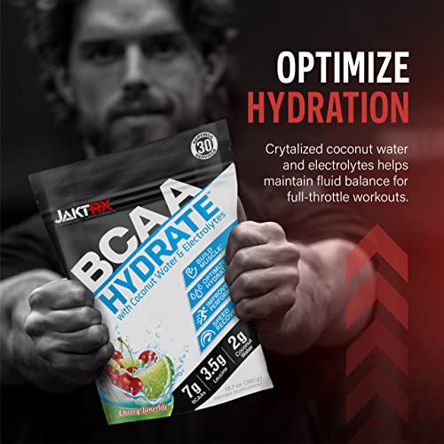 JaktRX BCAA Hydrate Premium Branched Chain Amino Acids and Hydration Formula 7g BCAAs, 2:1:1 Ratio, 3.5g Leucine, 2g Coconut Water, Caffeine-Free, Electrolytes 30 Servings (360g) Cherry Limeade