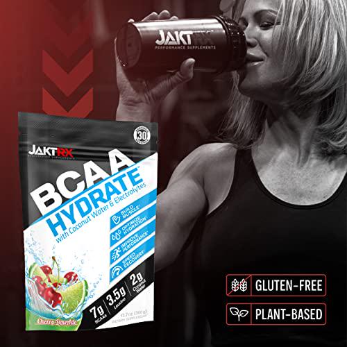 JaktRX BCAA Hydrate Premium Branched Chain Amino Acids and Hydration Formula 7g BCAAs, 2:1:1 Ratio, 3.5g Leucine, 2g Coconut Water, Caffeine-Free, Electrolytes 30 Servings (360g) Cherry Limeade