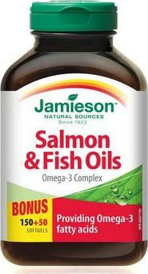 Jamieson Salmon and Fish Oils Omega-3 Complex, Bonus Size 150+50 Softgels - Providing Omega-3 Fatty Acids