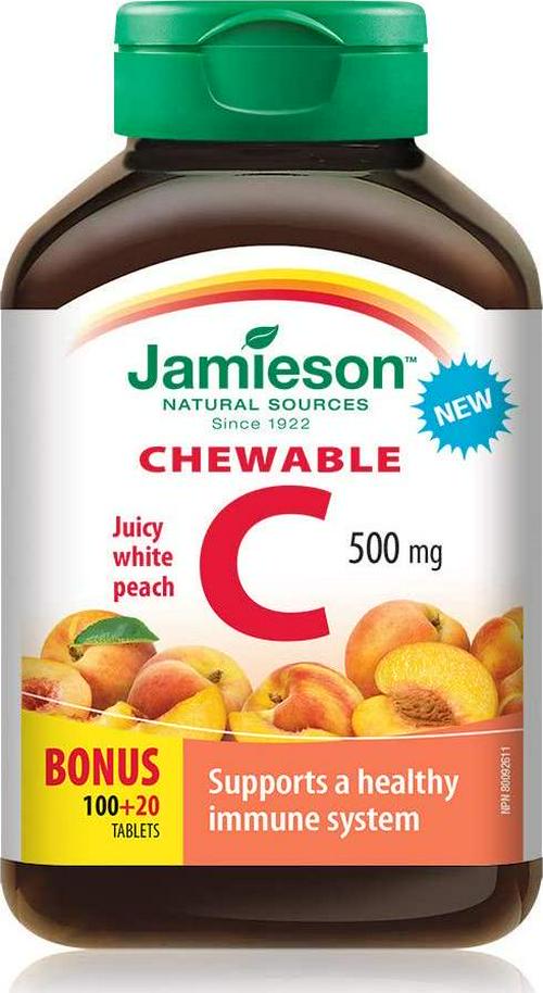 Jamieson Vitamin C Chewable 500 mg - Juicy White Peach, 120 tabs Bonus {Imported from Canada}