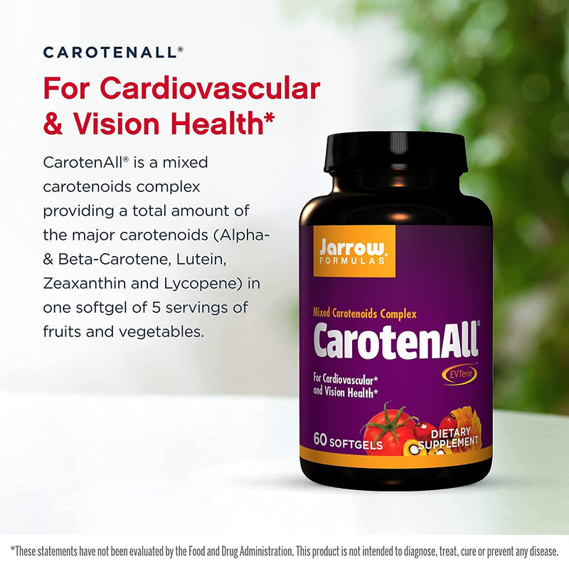 Jarrow Formulas CarotenAll Provides Seven Major Carotenoids, Equivalent to Five Servings of Fruits and Vegetables, Cardiovascular and Vision Health Support, White, 60 Count