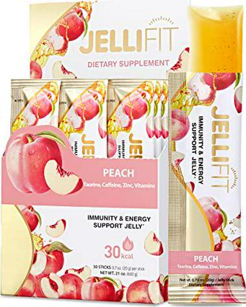 Jellifit Energy Gel - Peach Flavor Immunity Support Sports Nutrition with 30mg Caffeine - Natural Energy Gels for Running, Cycling, Gelatin and Gluten Free, No Artifical Colors or Sweetners, 30 Pack