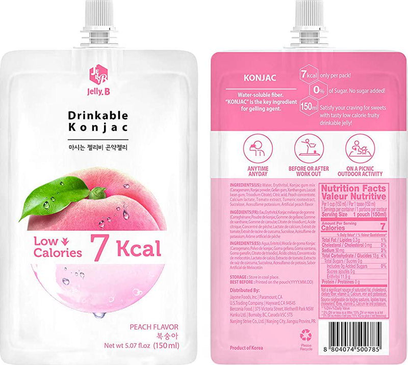 Jelly.B Drinkable Konjac Jelly (10 Packs of 150ml) - Healthy and Natural Weight Loss Diet Supplement Foods, 0 Gram Sugar, Low Calorie, Only 6 kcal Each Packets, (Peach)