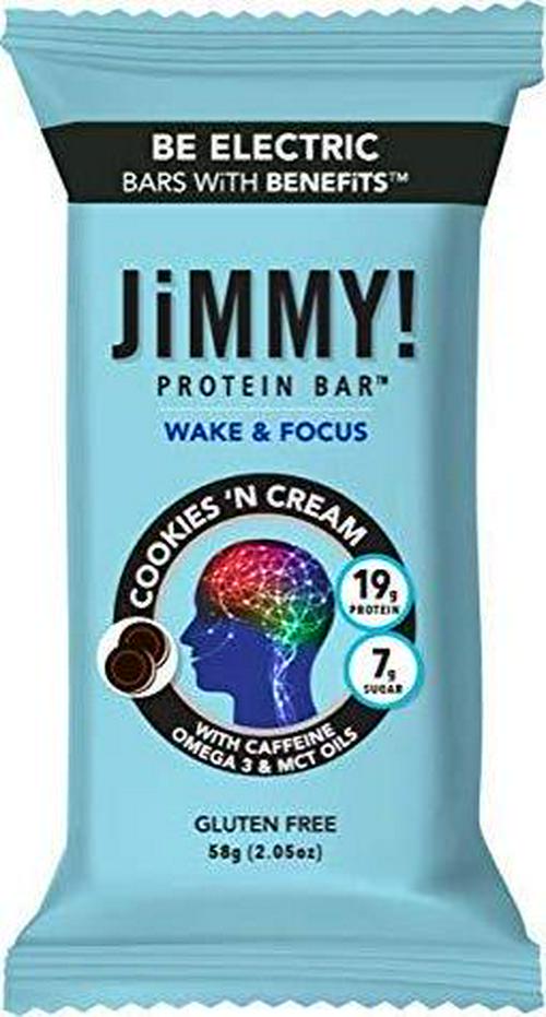 JiMMY! Protein Bar, Cookies and Cream, Wake and Focus, 12 Count - Energy Bar with Caffeine, Omega 3 and MCT Oils, Low Sugar, High Protein