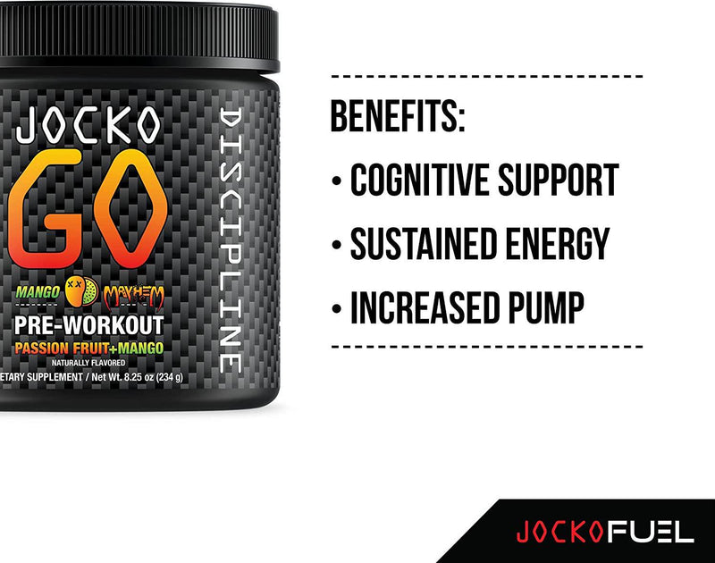 Jocko GO Pre Workout (Mango Mayhem) - Keto, Vitamin C, L Theanine, Caffeine, L Citrulline, Rhodiola, Sugar Free Nootropic Blend - Supports Muscle Pump, Endurance and Recovery - 30 Servings