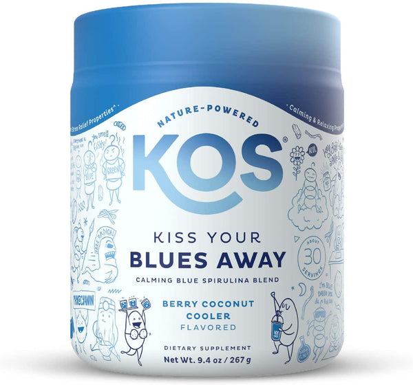 KOS Calming Blue Spirulina Blend with Ashwagandha Powder, Lemon Balm, Reishi Mushroom - Berry Coconut Cooler Flavor, 30 Servings